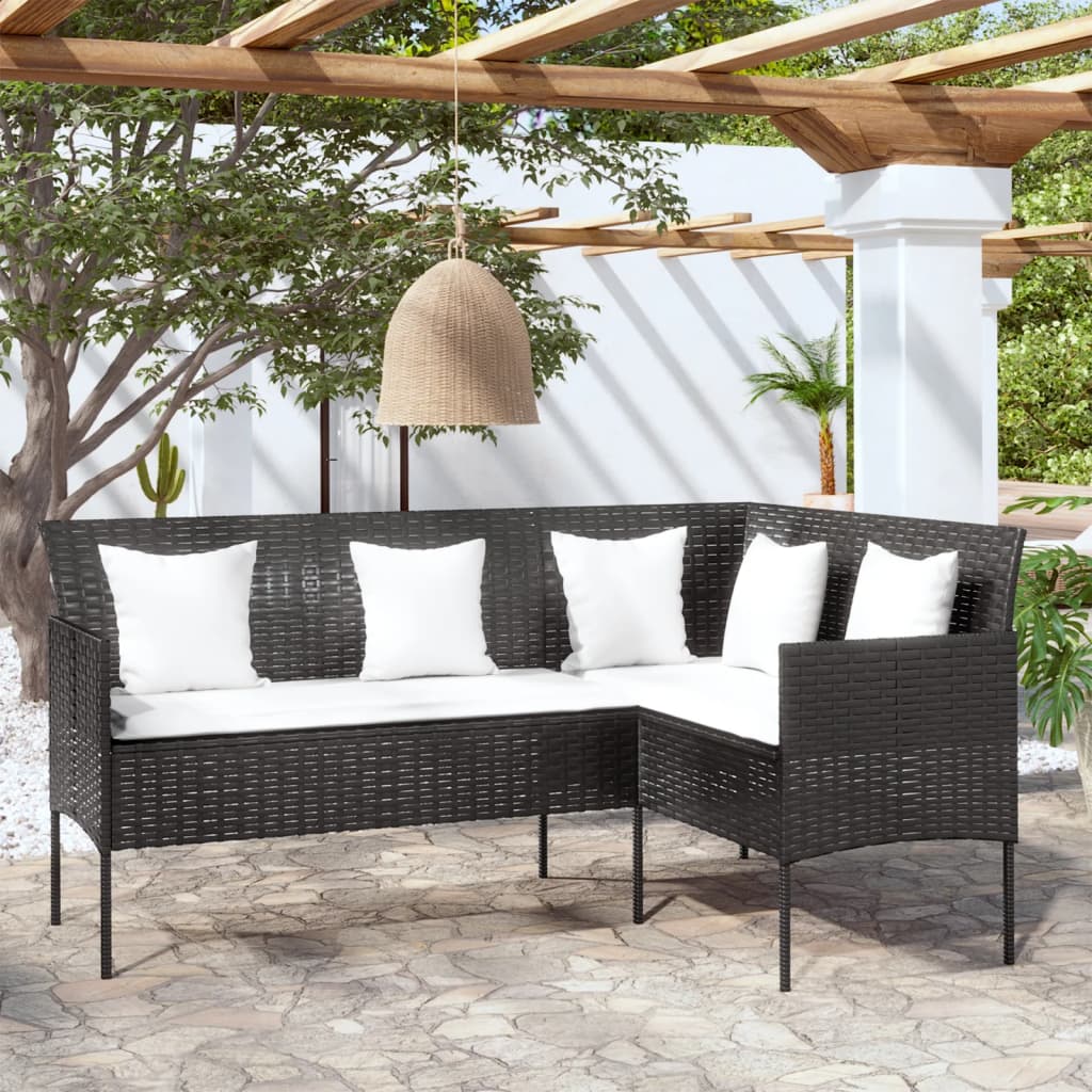 Divano a Forma di L con Cuscini in Polyrattan Nero