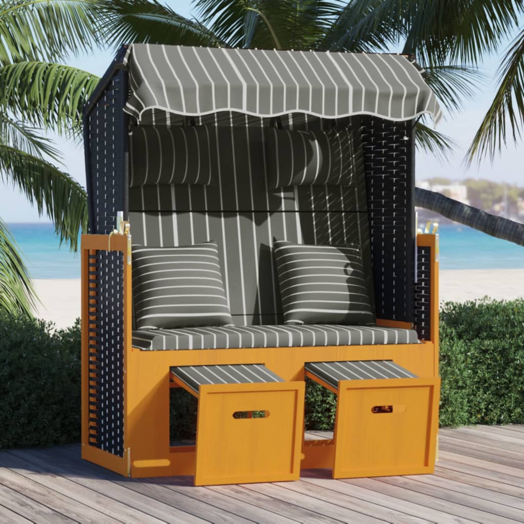 Strandkorb con Cuscini Polyrattan Legno Massello Nero e Grigio