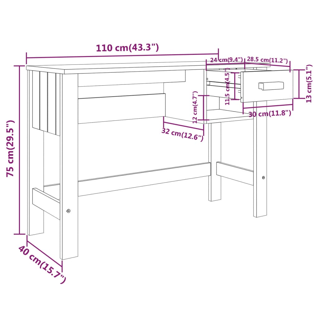 Scrivania HAMAR Bianca 110x40x75 cm in Legno Massello di Pino