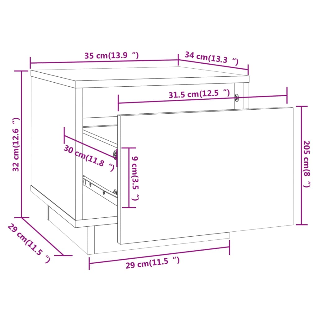 Comodino Miele 35x34x32 cm in Legno Massello di Pino