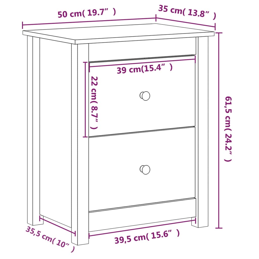 Comodino Nero 50x35x61,5 cm in Legno Massello di Pino