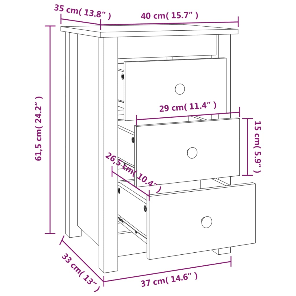 Comodino Bianca 40x35x61,5 cm in Legno Massello di Pino