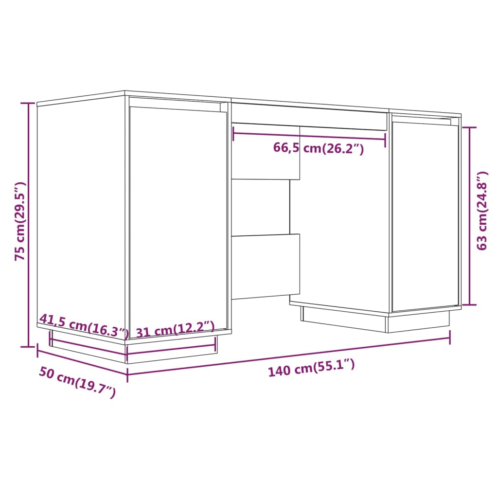 Scrivania Bianca 140x50x75 cm in Legno Massello di Pino