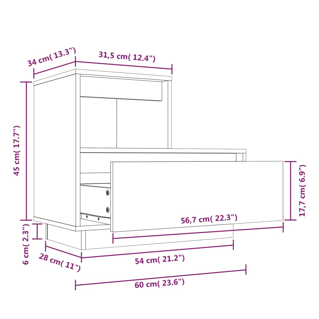 Comodino Miele 60x34x51 cm in Legno Massello di Pino