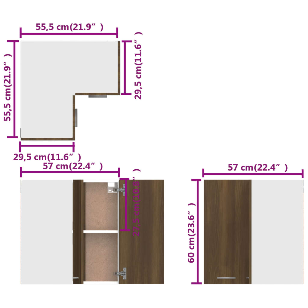 Mobile Pensile Angolo Rovere Marrone 57x57x60 Legno Multistrato