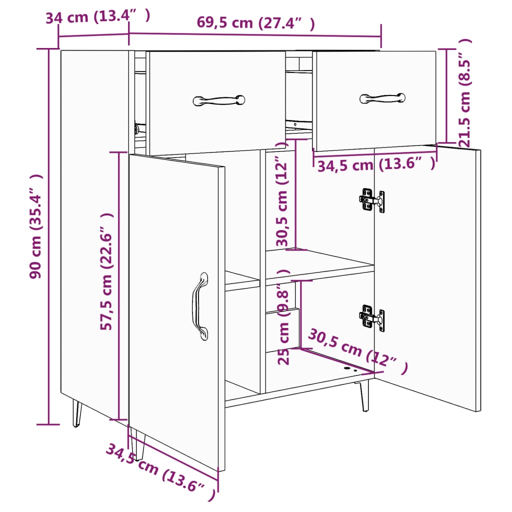 Credenza Nera 69,5x34x90 cm in Legno Multistrato