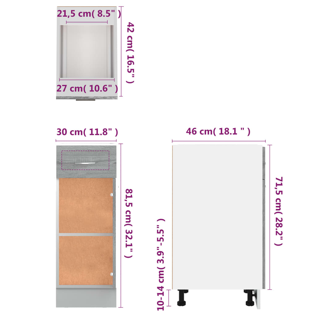 Mobile con Cassetto Grigio Sonoma 30x46x81,5 Legno Multistrato