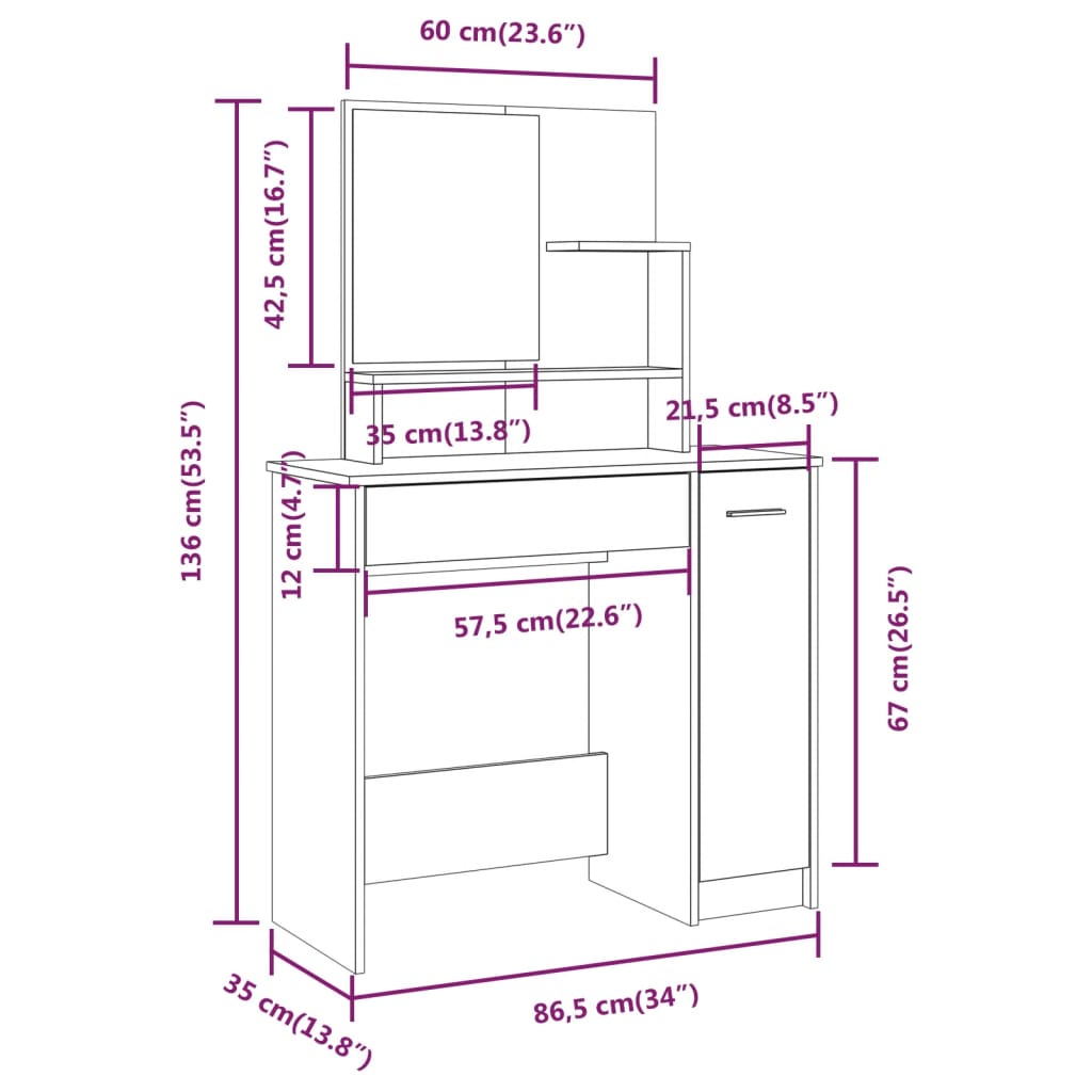 Toeletta con Specchio Bianco 86,5x35x136 cm