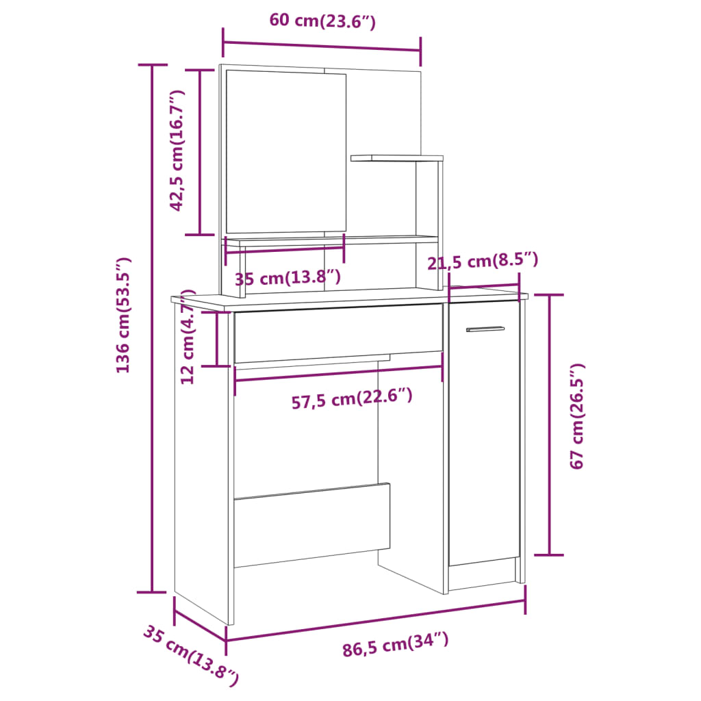 Toeletta con Specchio Grigio Cemento 86,5x35x136 cm