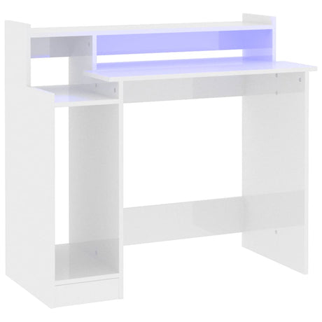 Scrivania con LED Bianco Lucido 97x45x90cm in Legno Multistrato