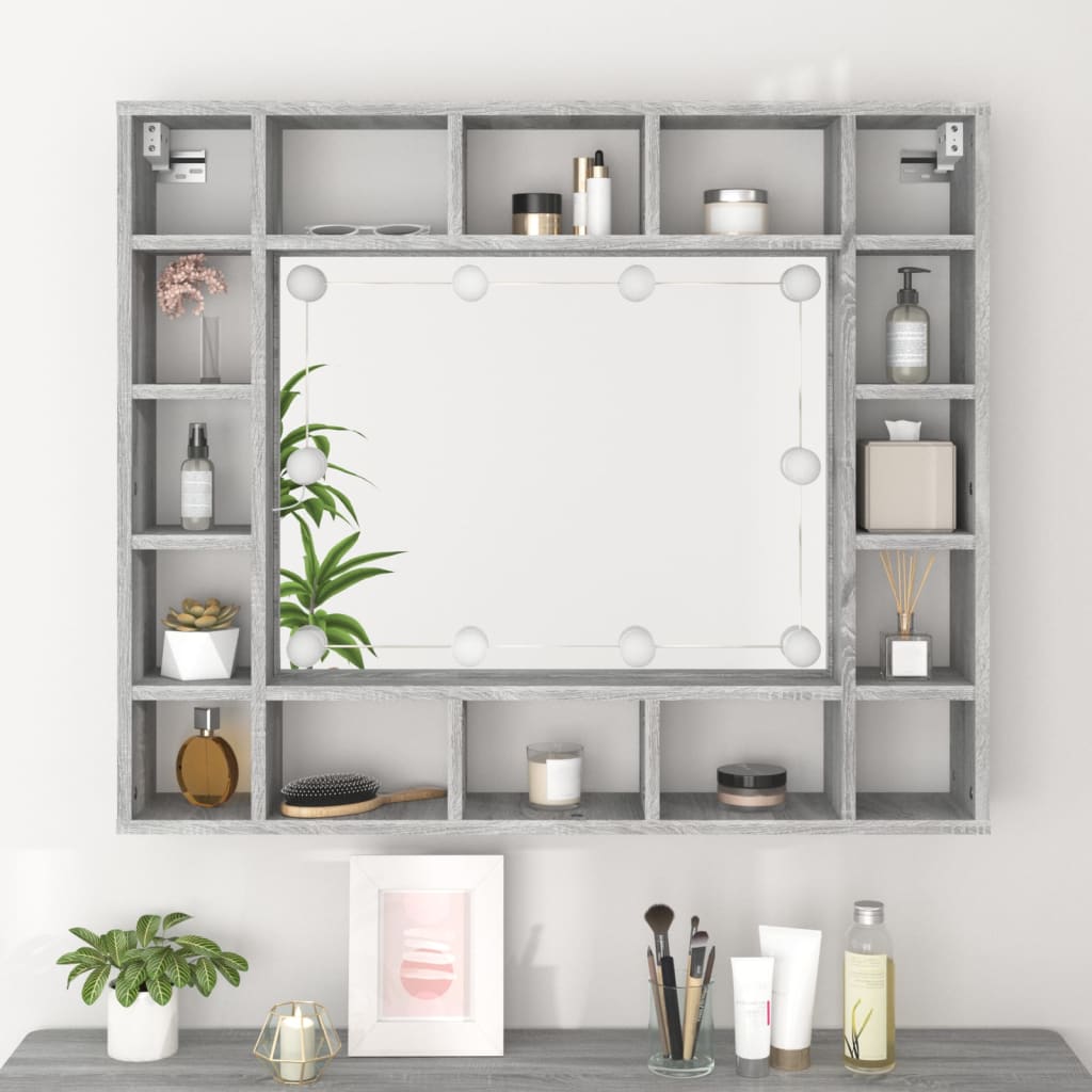 Mobile a Specchio con LED Grigio Sonoma 91x15x76,5 cm