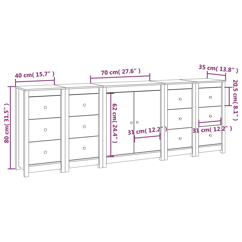 Credenza Bianca 230x35x80 cm in Legno Massello di Pino