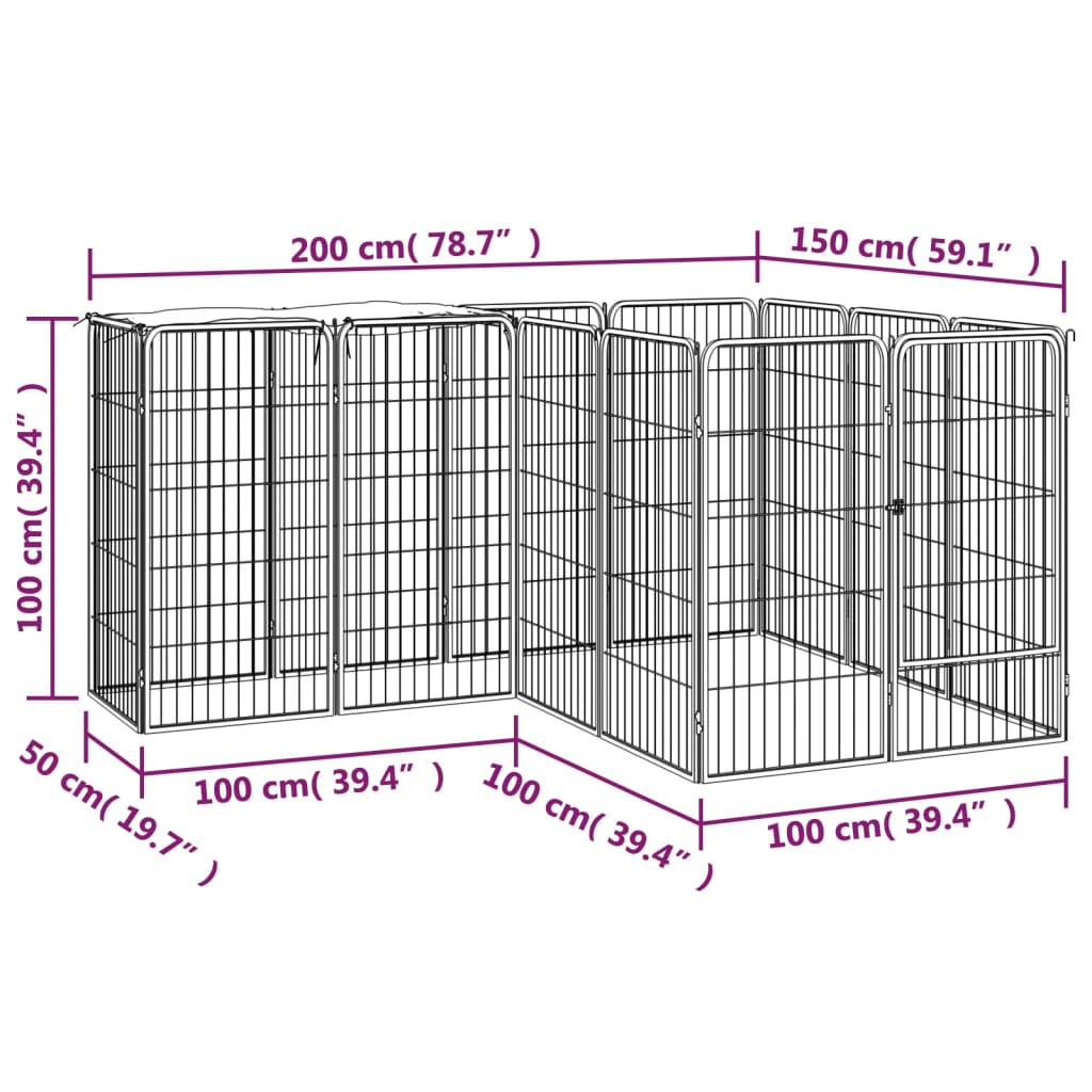 Box Cani 14 Pannelli Nero 50x100 cm Acciaio Verniciato Polvere