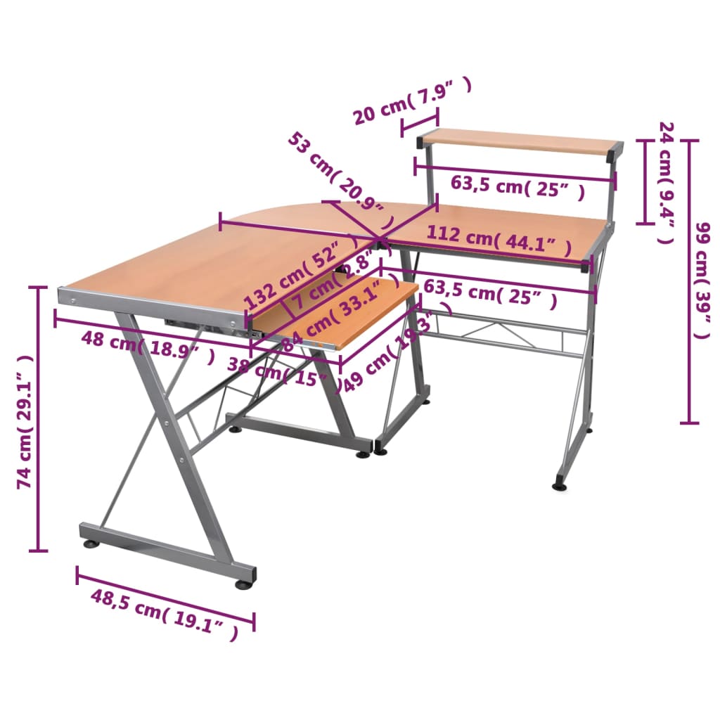 Scrivania Computer Angolo Marrone 132x112x99 Legno Multistrato