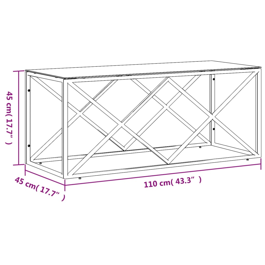 Tavolino da Salotto 110x45x45 cm in Acciaio Inox e Vetro