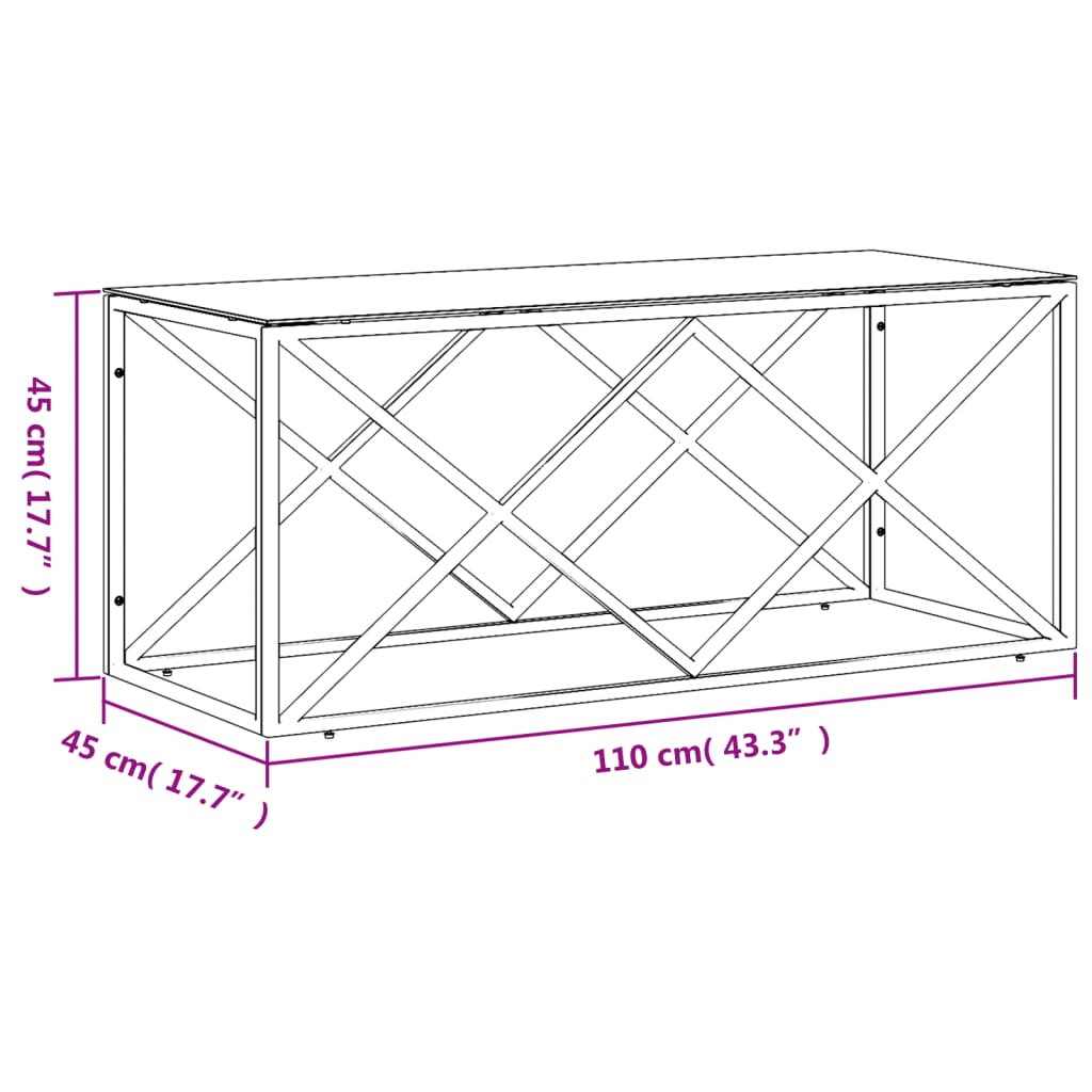 Tavolino da Salotto 110x45x45 cm in Acciaio Inox e Vetro