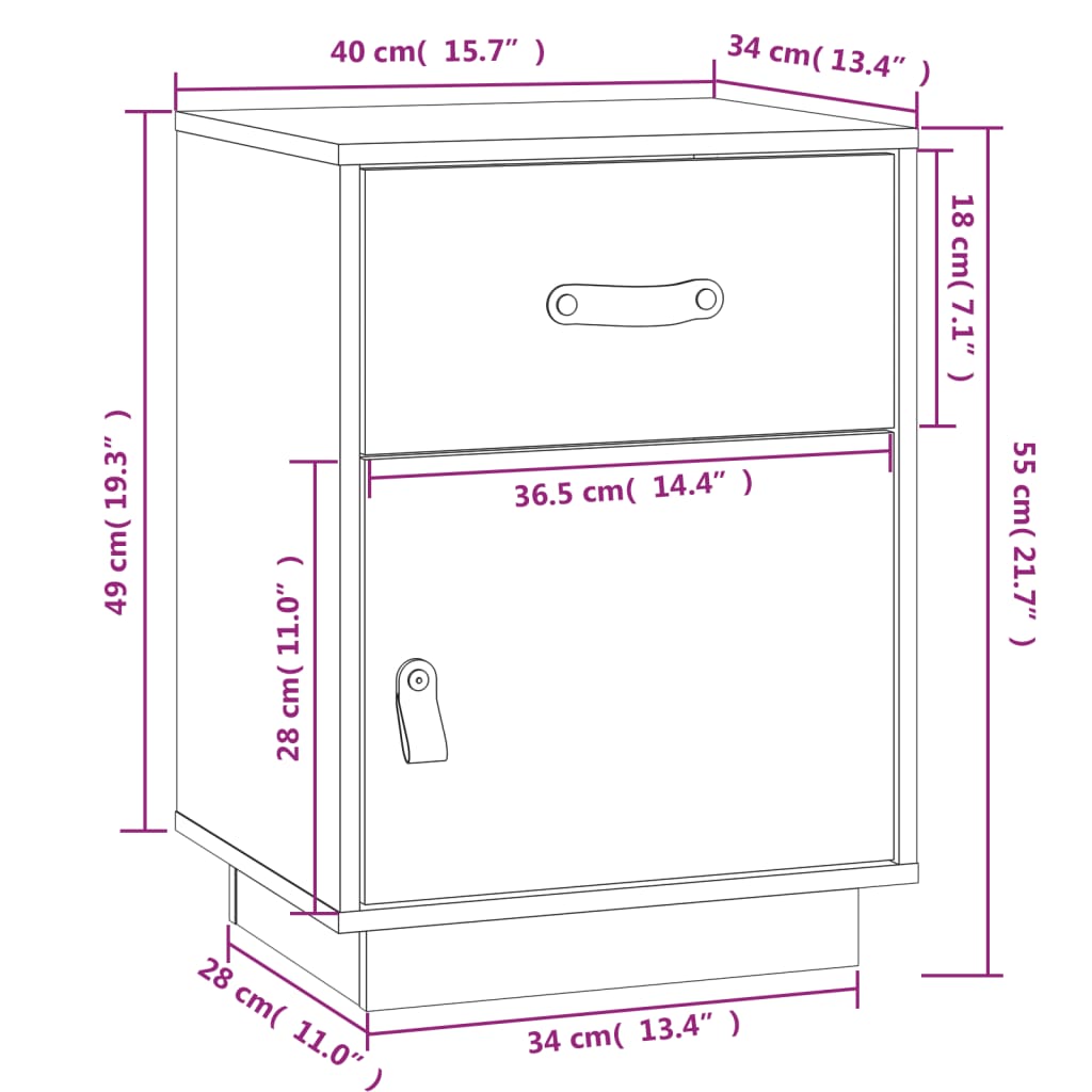 Comodino Bianco 40x34x55 cm in Legno Massello di Pino