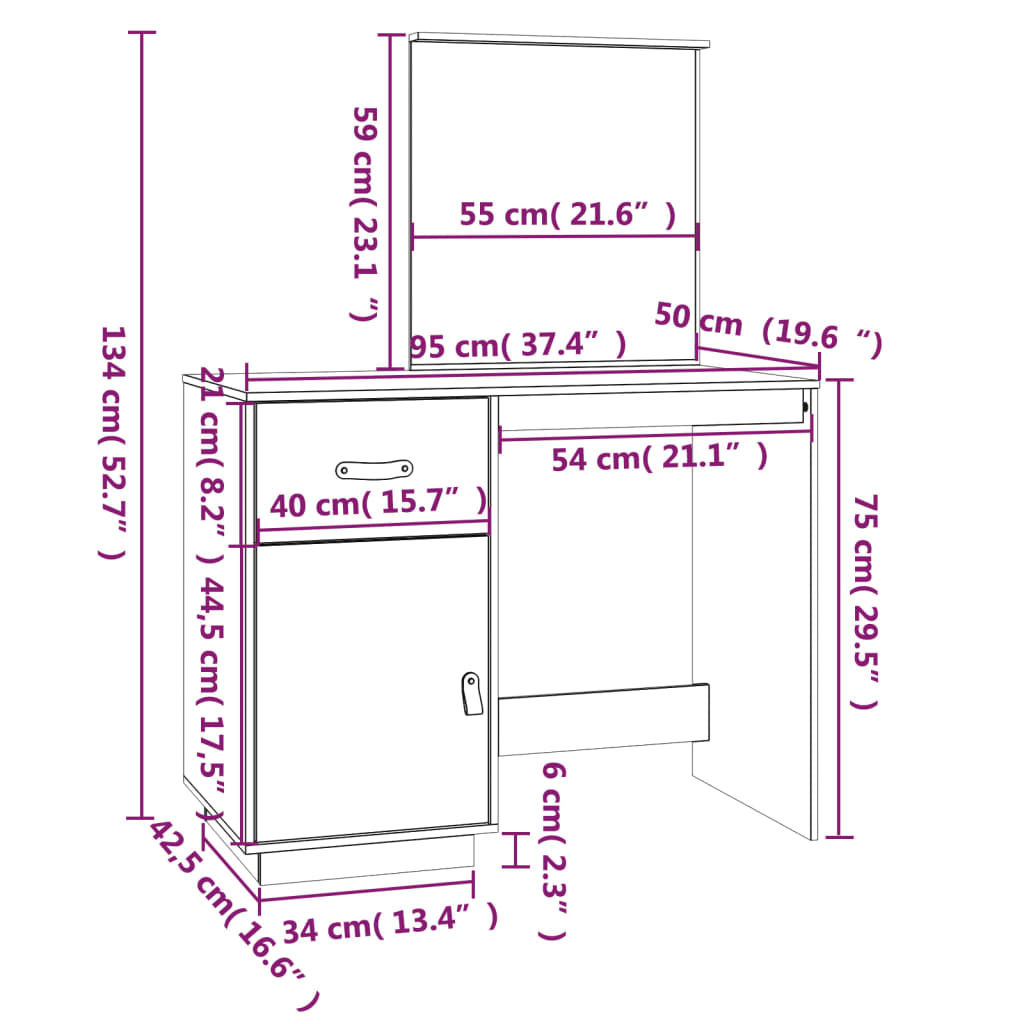 Toeletta Bianca 95x50x134 cm in Legno Massello di Pino