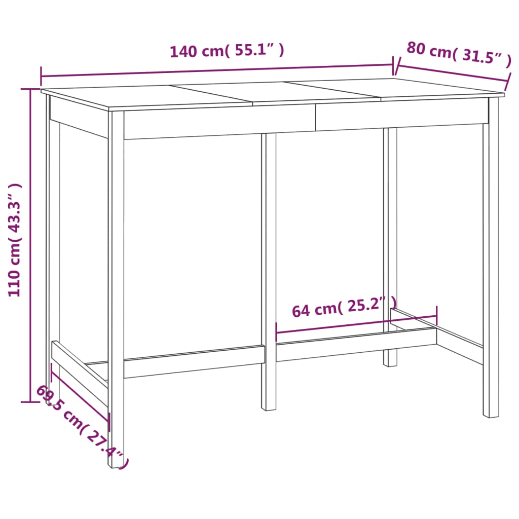 Tavolo da Bar Grigio 140x80x110 cm in Legno Massello di Pino