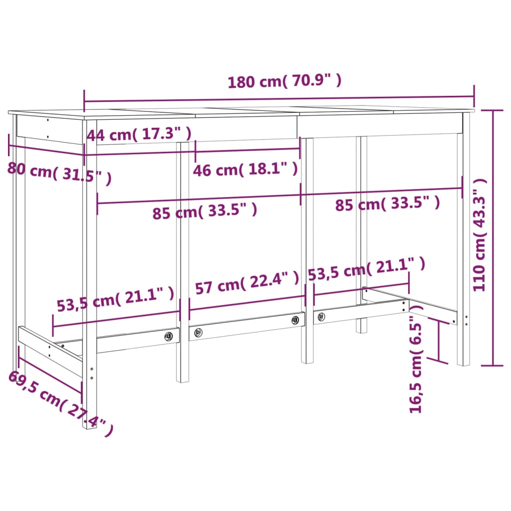 Tavolo da Bar Bianco 180x80x110 cm in Legno Massello di Pino