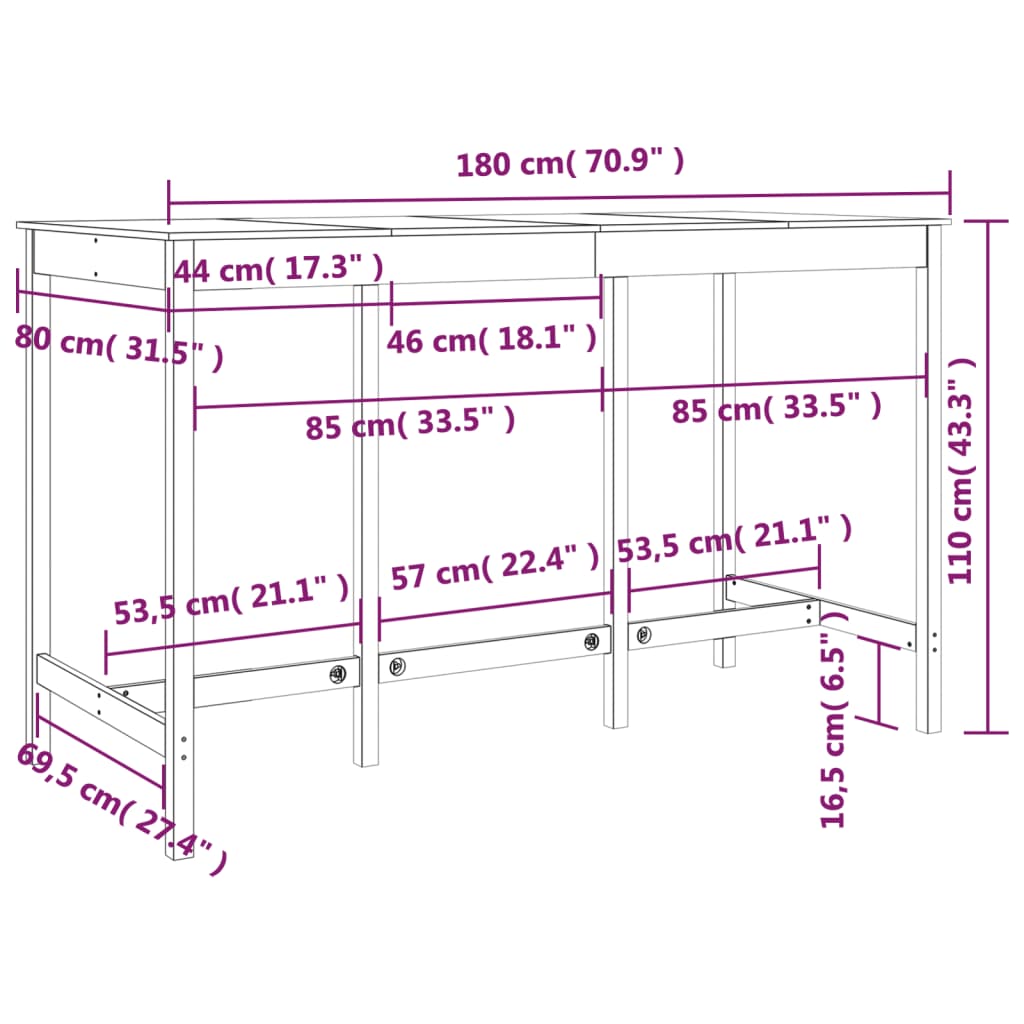 Tavolo da Bar Miele 180x80x110 cm in Legno Massello di Pino