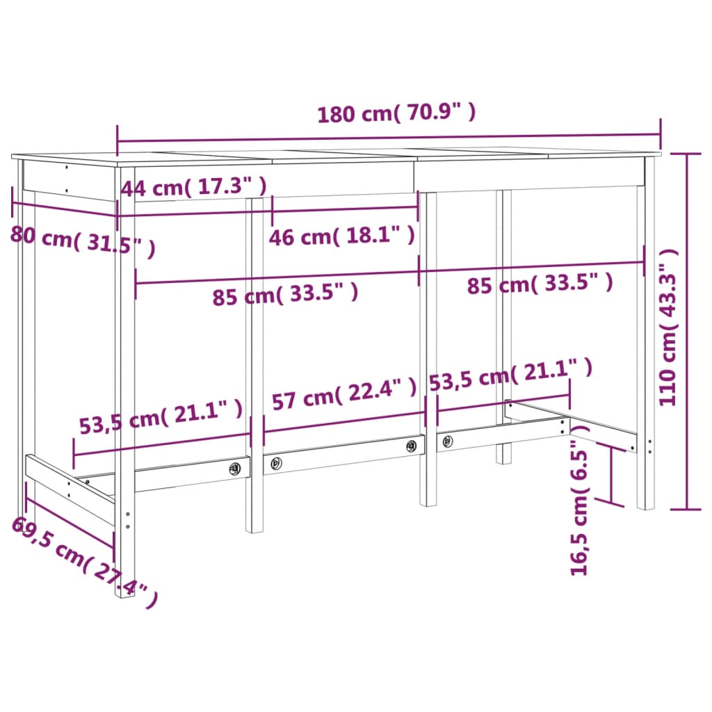 Tavolo da Bar Nero 180x80x110 cm in Legno Massello di Pino