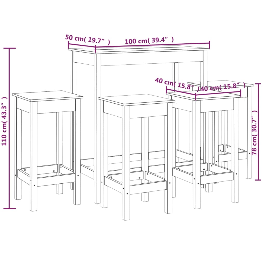 Set da Bar 5 pz Miele in Legno Massello di Pino