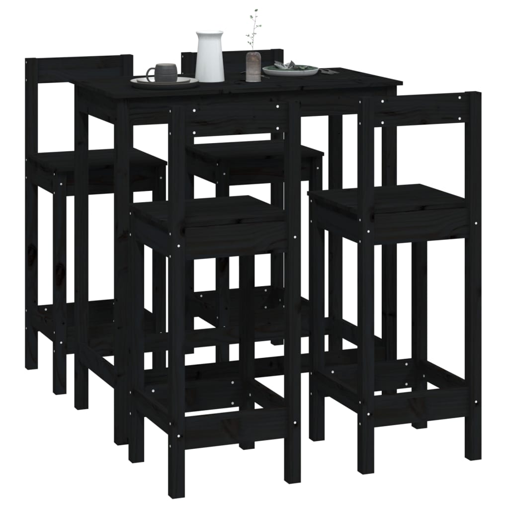 Set da Bar 5 pz Nero in Legno Massello di Pino