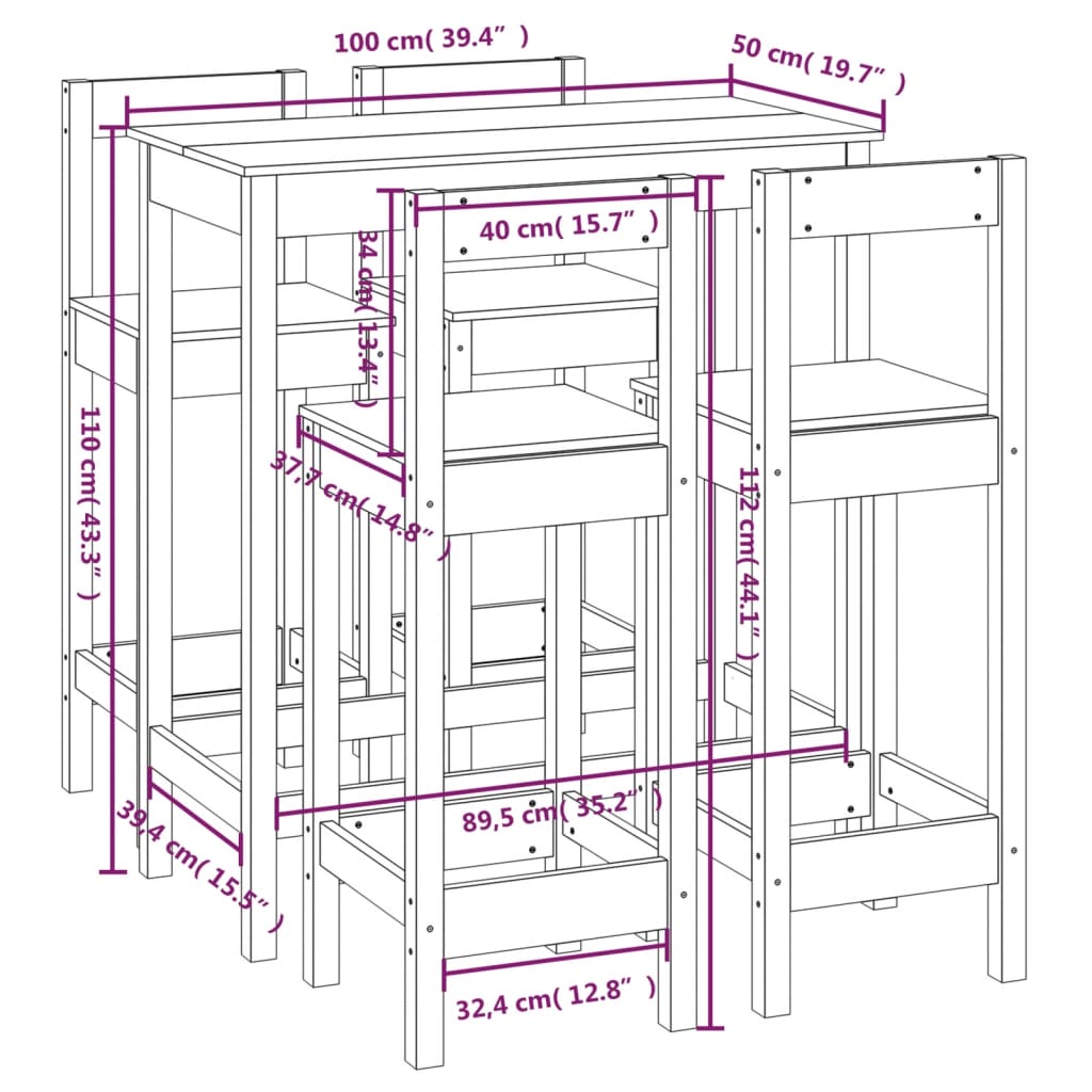 Set da Bar 5 pz Nero in Legno Massello di Pino