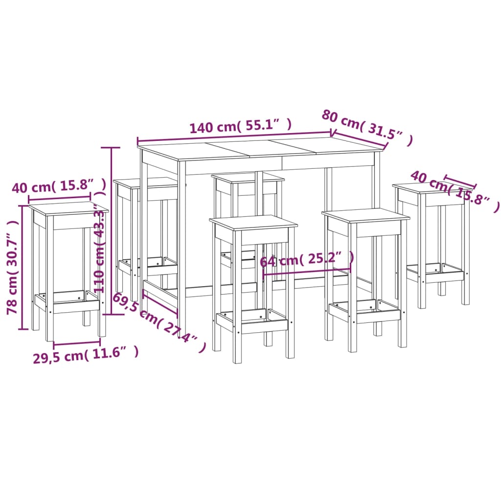 Set da Bar 7 pz in Legno Massello di Pino