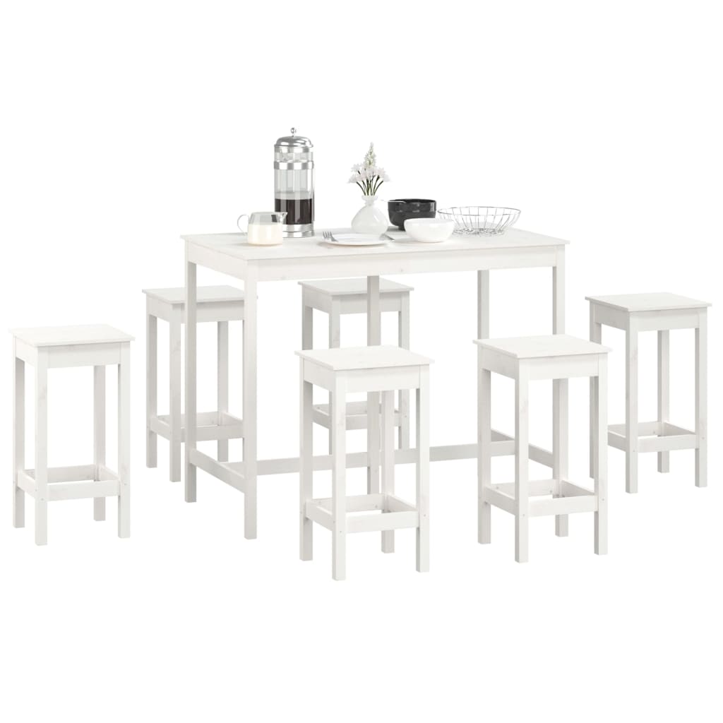 Set da Bar 7 pz Bianco in Legno Massello di Pino