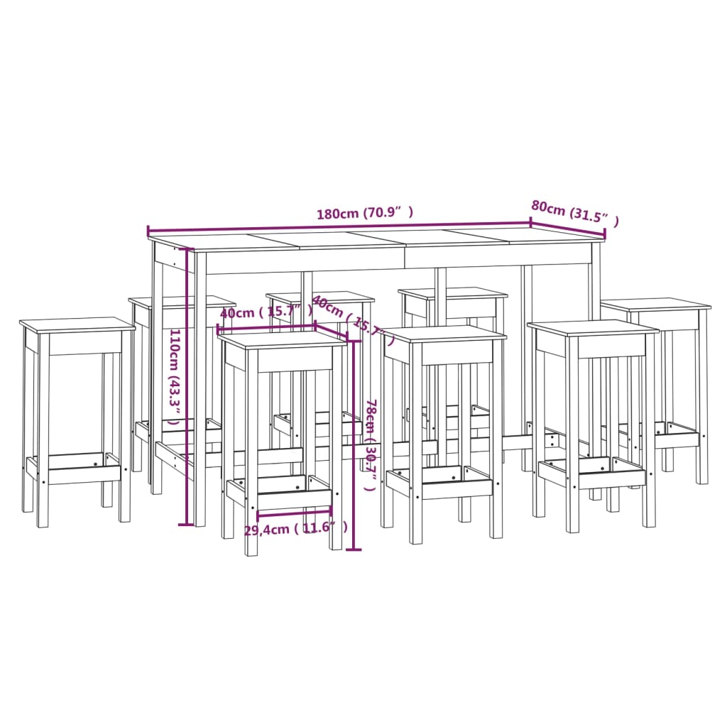 Set da Bar 9 pz Bianco in Legno Massello di Pino