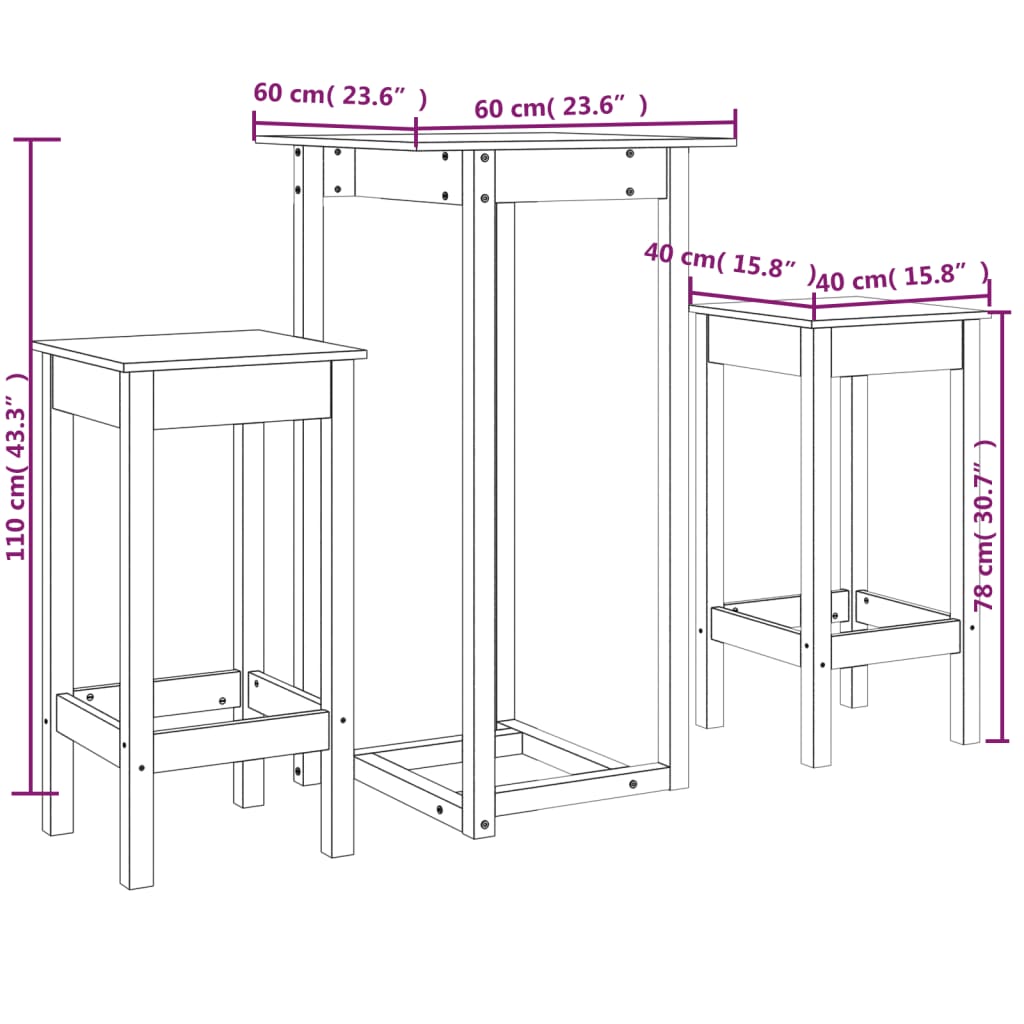 Set da Bar 3 pz Bianco in Legno Massello di Pino