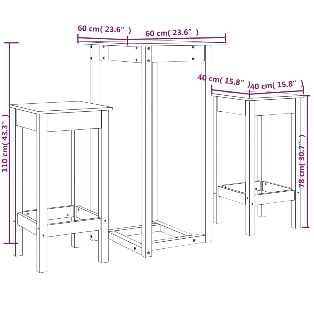 Set da Bar 3 pz Nero in Legno Massello di Pino