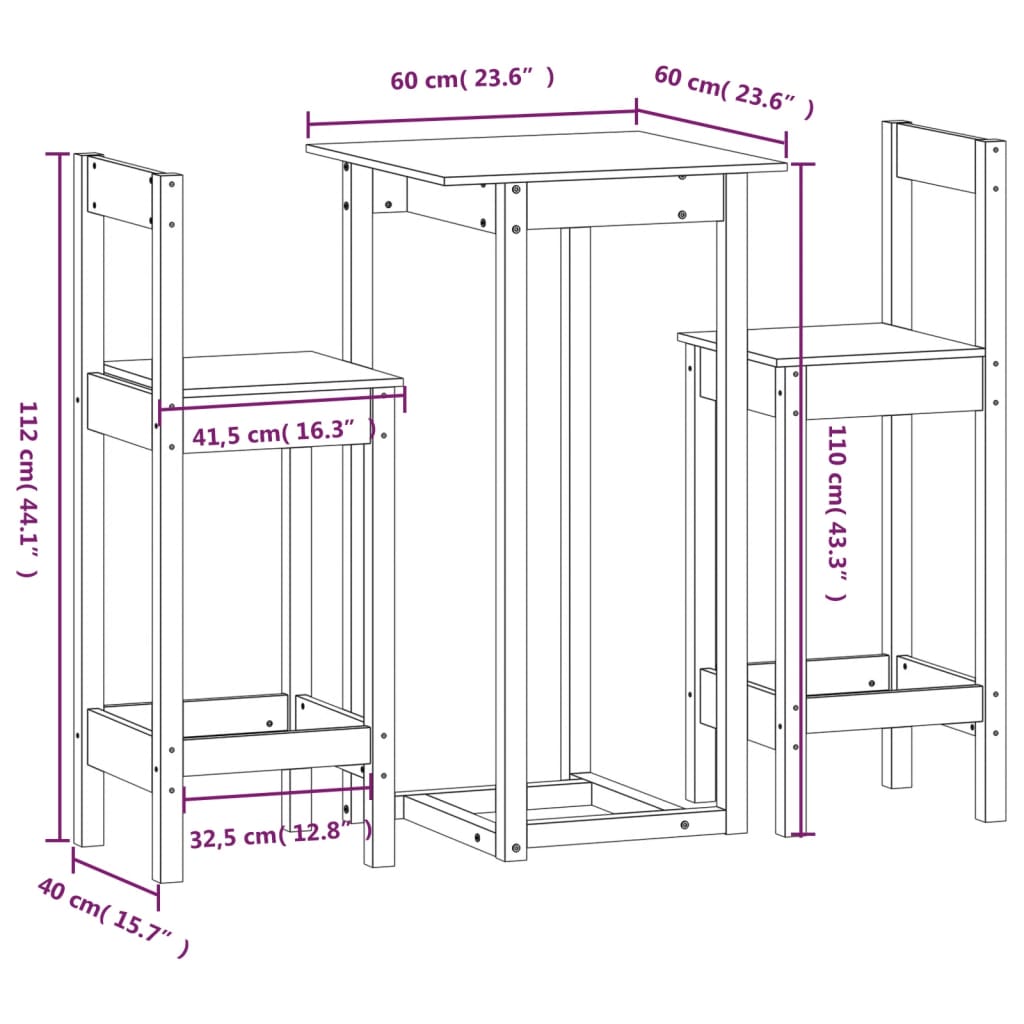 Set da Bar 3 pz in Legno Massello di Pino