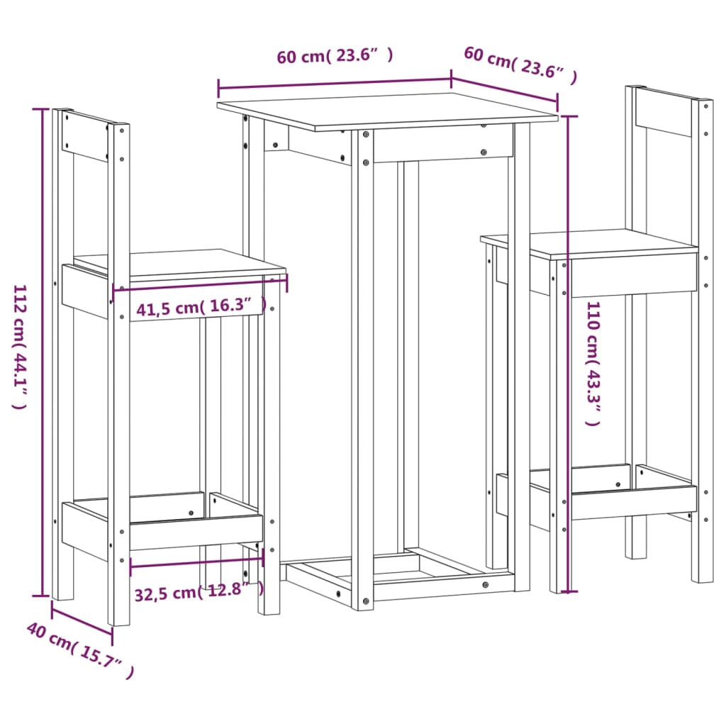 Set da Bar 3 pz Nero in Legno Massello di Pino