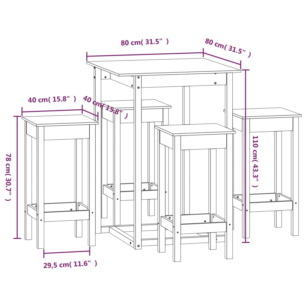 Set da Bar 5 pz Miele in Legno Massello di Pino