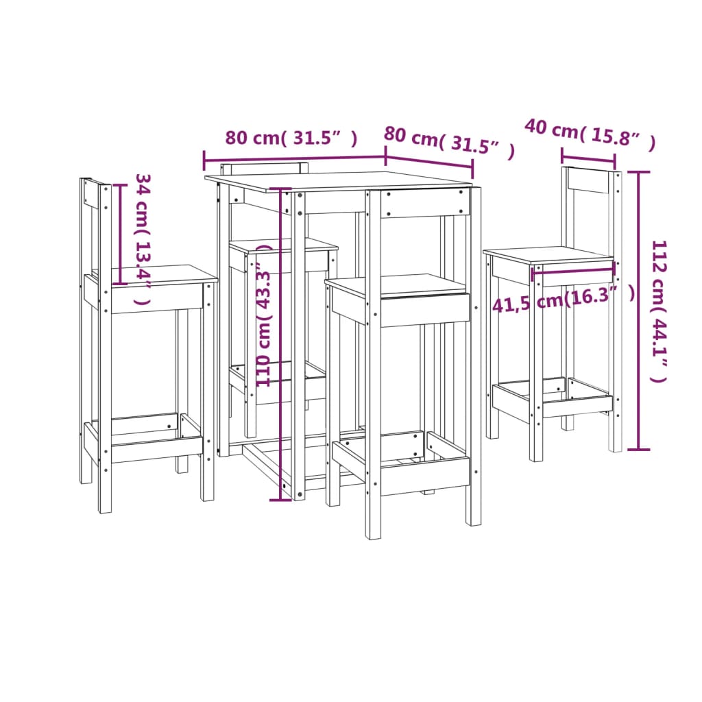 Set da Bar 5 pz in Legno Massello di Pino