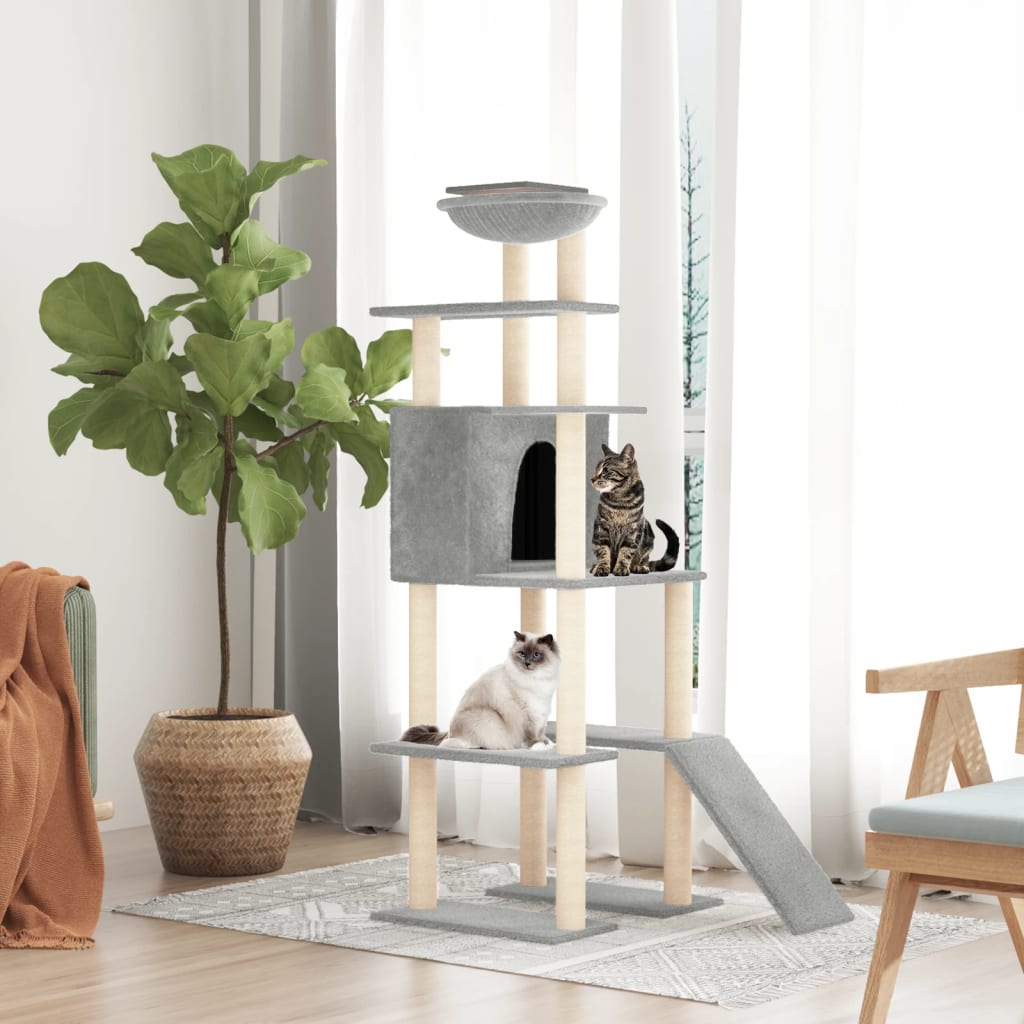 Albero per Gatti con Tiragraffi in Sisal Grigio Chiaro 166 cm