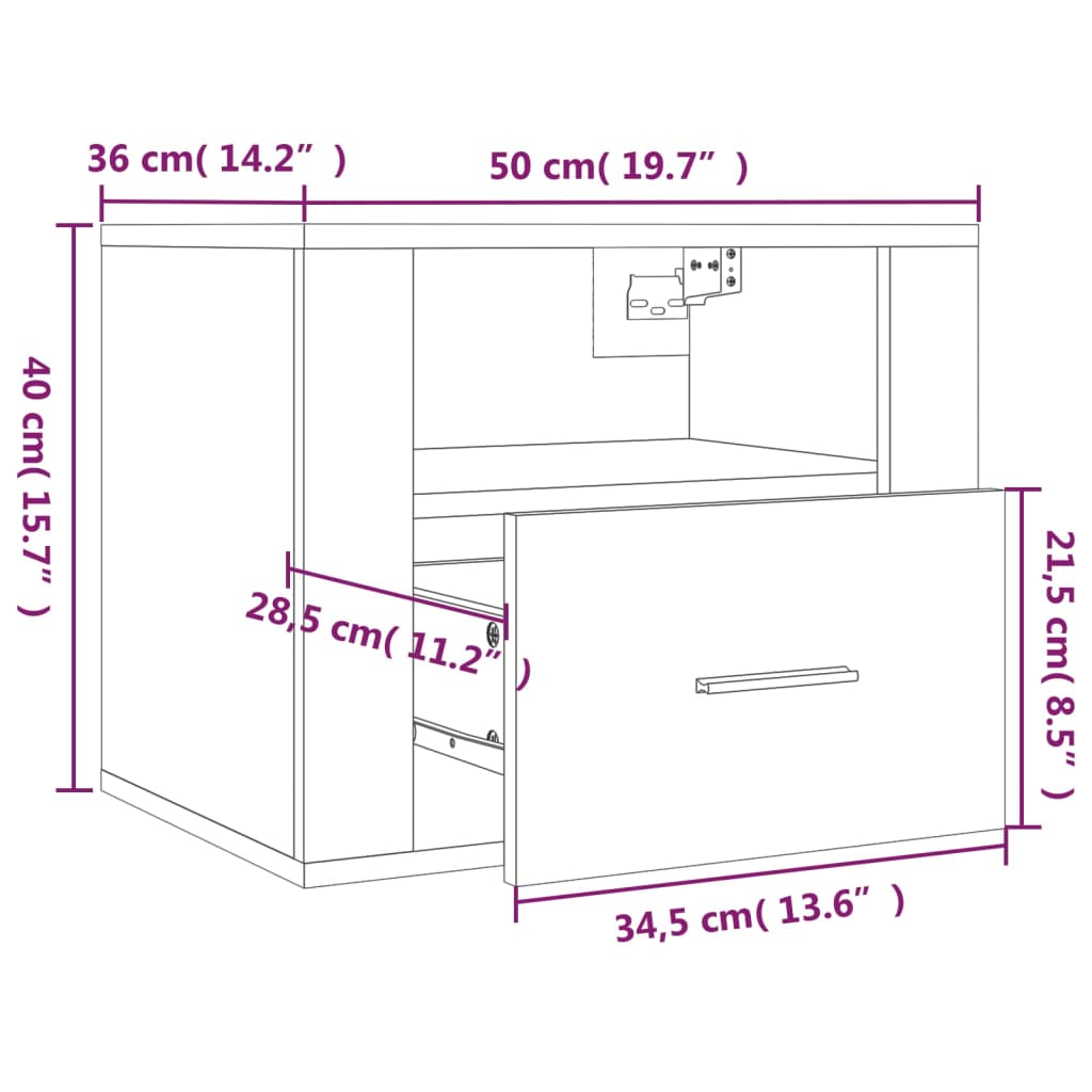 Comodino a Muro Rovere Sonoma 50x36x40 cm