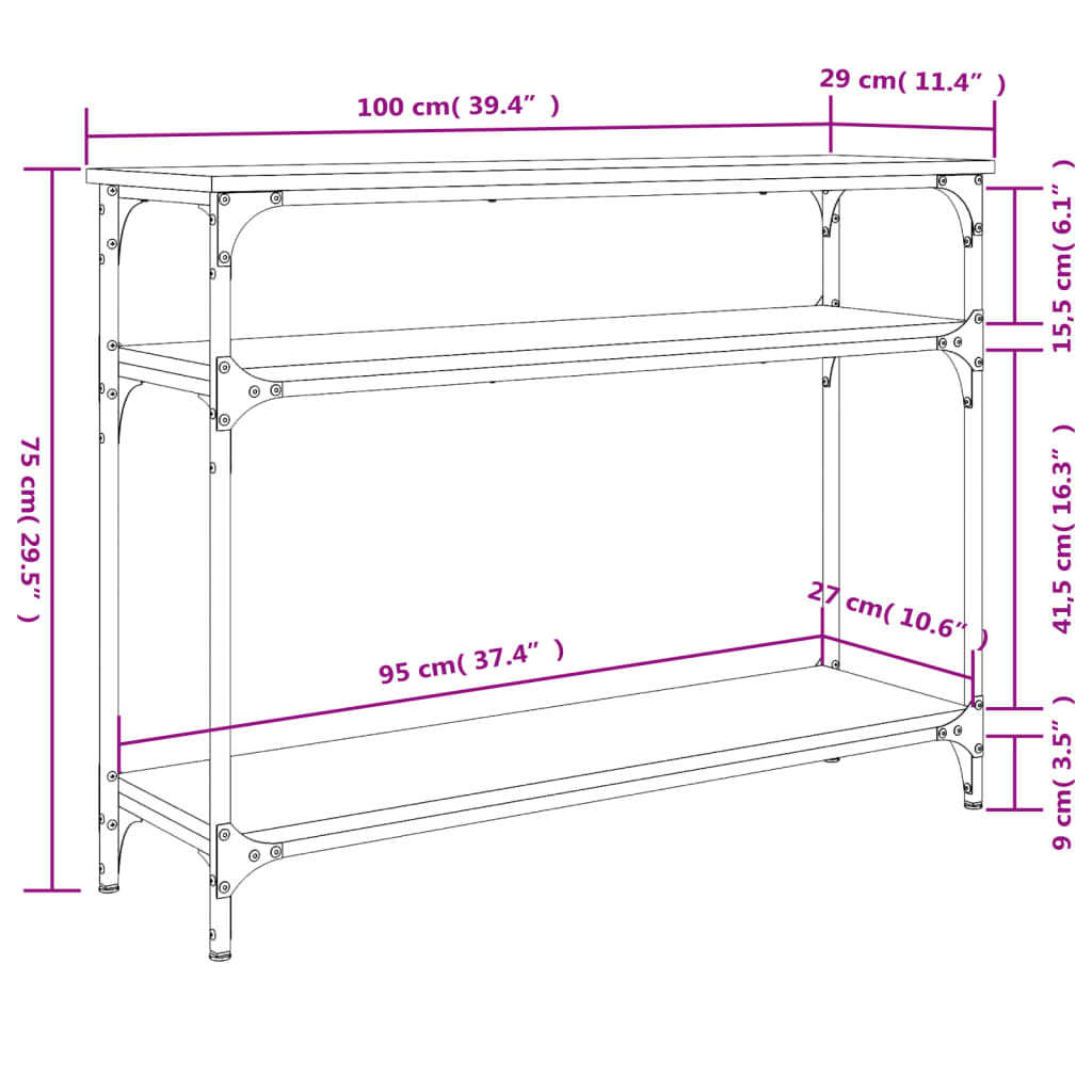 Tavolino Consolle Nero 100x29x75 cm in Legno Multistrato