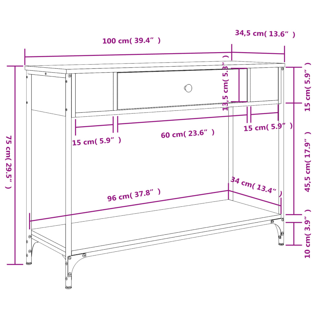 Tavolino Consolle Rovere Fumo 100x34,5x75cm Legno Multistrato