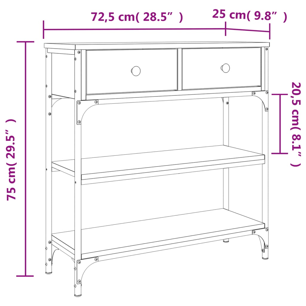 Tavolino Consolle Grigio Sonoma 72,5x25x75 cm Legno Multistrato