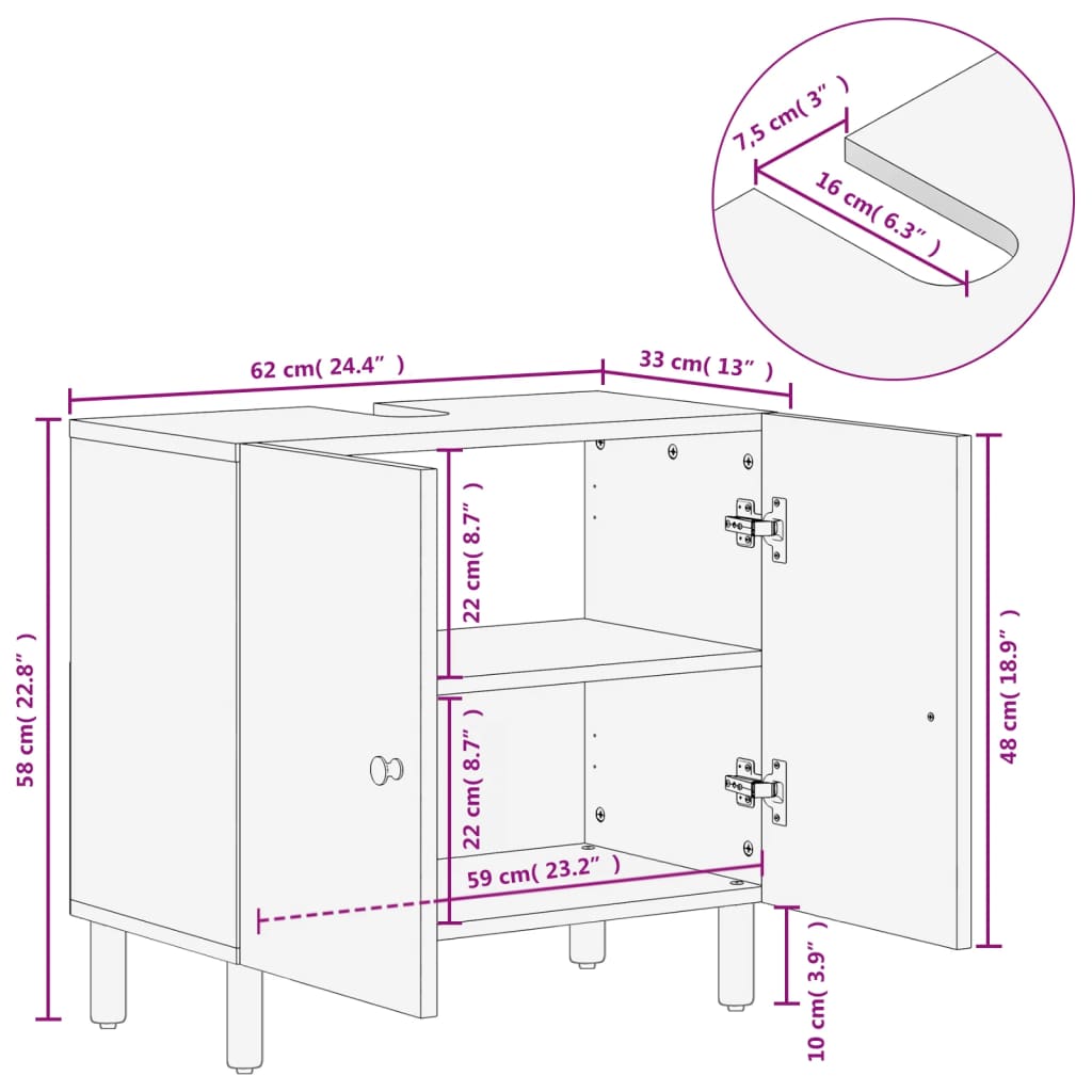 Mobile Lavabo da Bagno Nero 62x33x58 cm Legno Massello di Mango