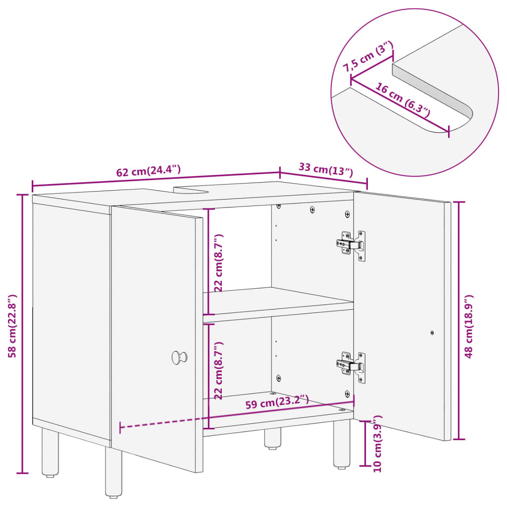 Mobile Lavabo da Bagno 62x33x58cm in Legno Massello di Mango