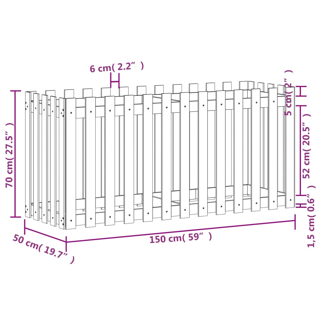 Fioriera Rialzata Giardino a Recinzione 150x50x70cm Legno Pino