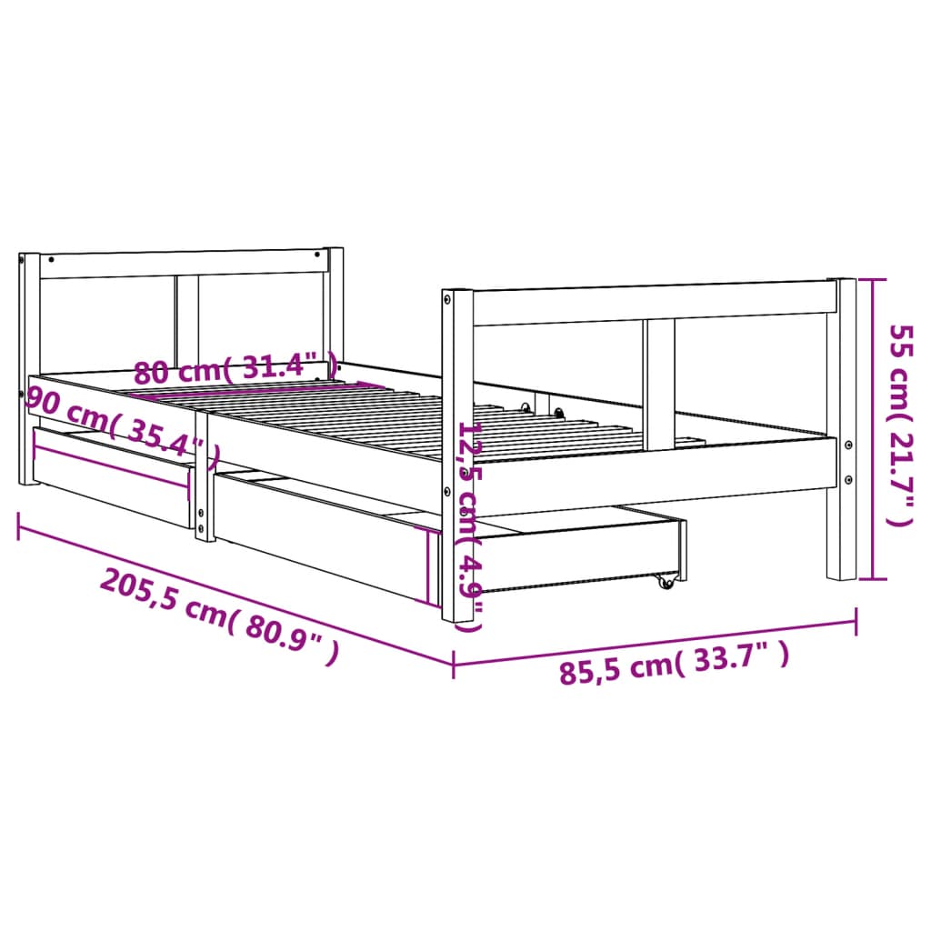 Giroletto Bambini con Cassetti 80x200 cm Legno Massello di Pino