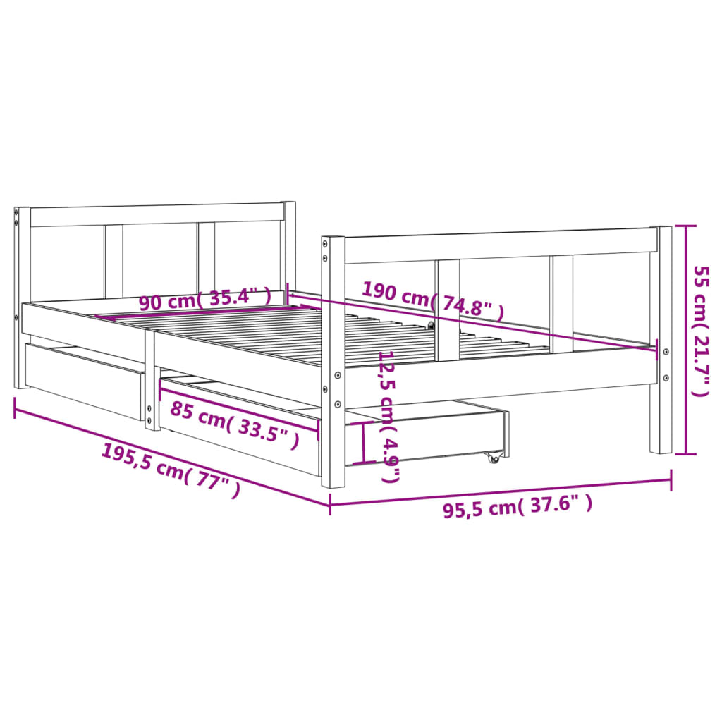 Giroletto Bambini con Cassetti Bianco 90x190 cm Massello Pino