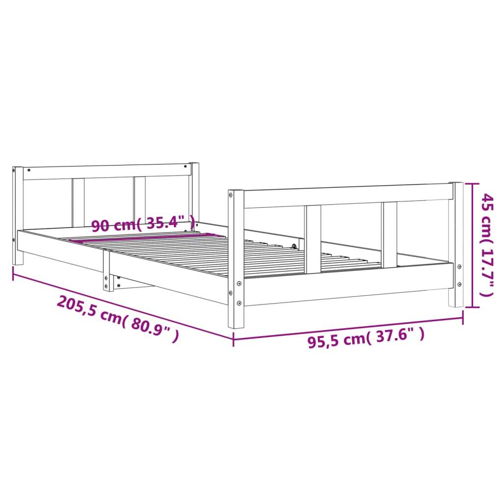 Giroletto per Bambini Nero 90x200 cm in Legno Massello di Pino