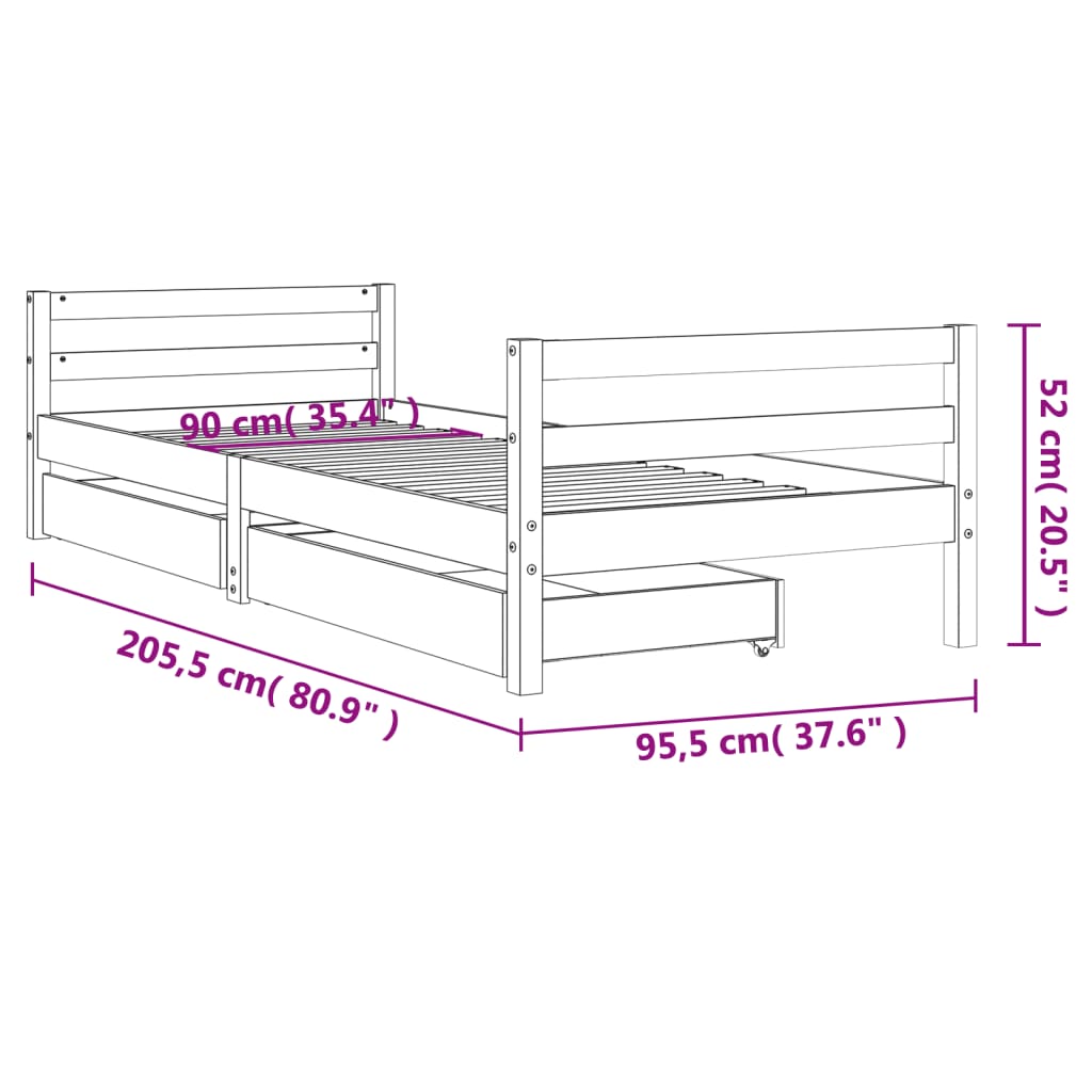 Giroletto Bambini con Cassetti Nero 90x200cm Massello di Pino